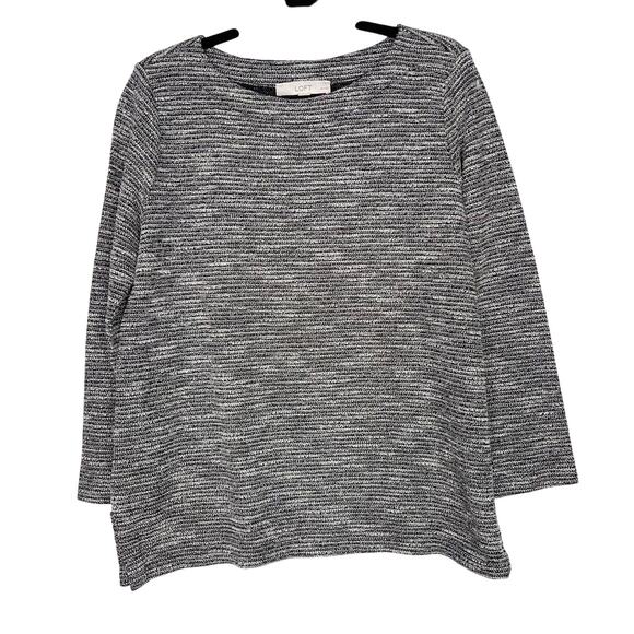 LOFT Large Petite LP Spacedye Knit Top Scoop Neck Gray Black Side Split Hem - Picture 1 of 8